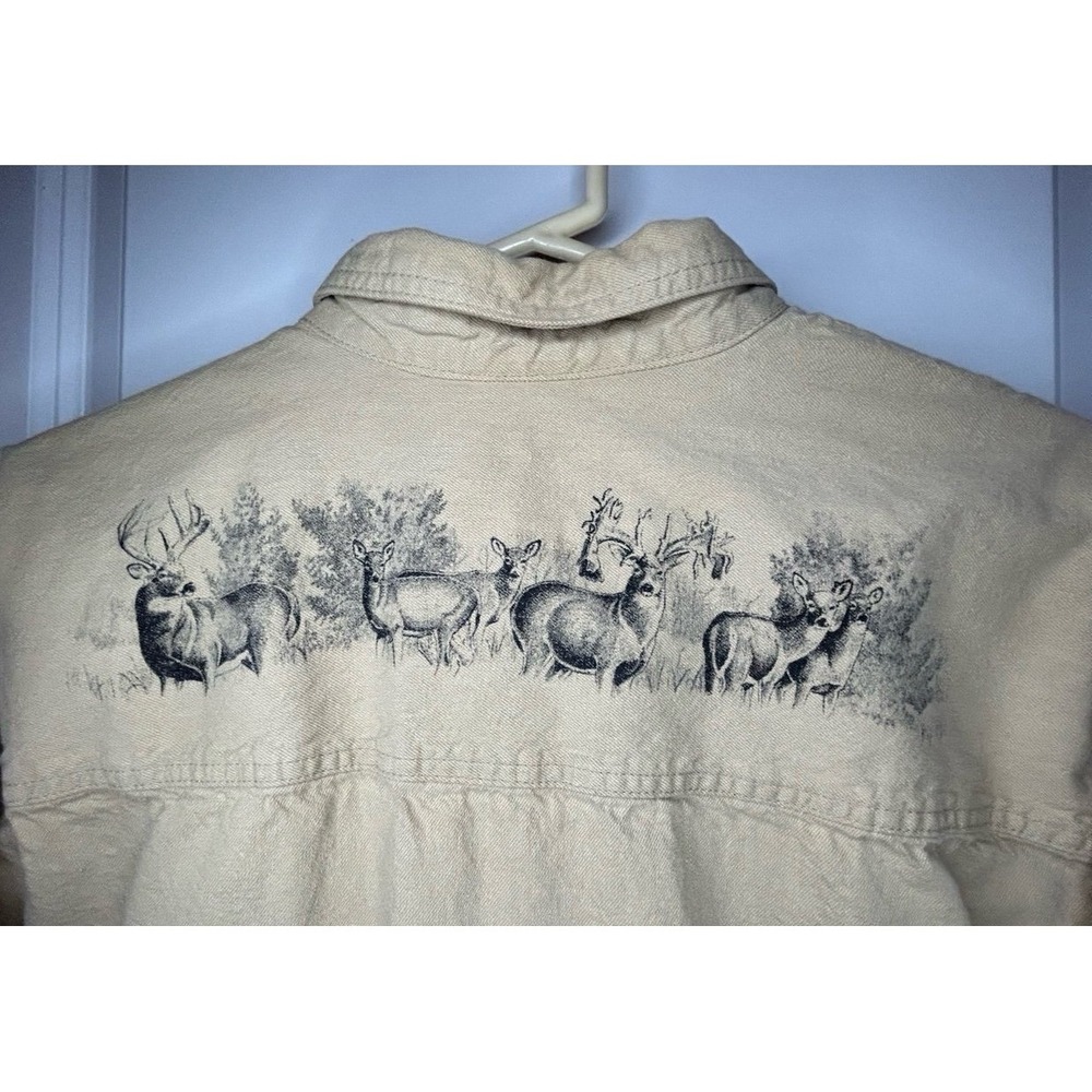 Vintage 90's Legendary Whitetails Graphic Deer Tan Button Down Shacket Mens XL